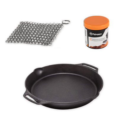 Pakketdeal Petromax Skillet met handvaten 15 cm + rvs scrub + onderhoudswax